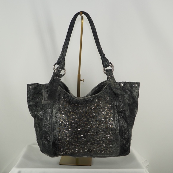 RARE Frye Deborah Studded Slate Gray Leather Bag + Matching Zip Wallet - Picture 4 of 15